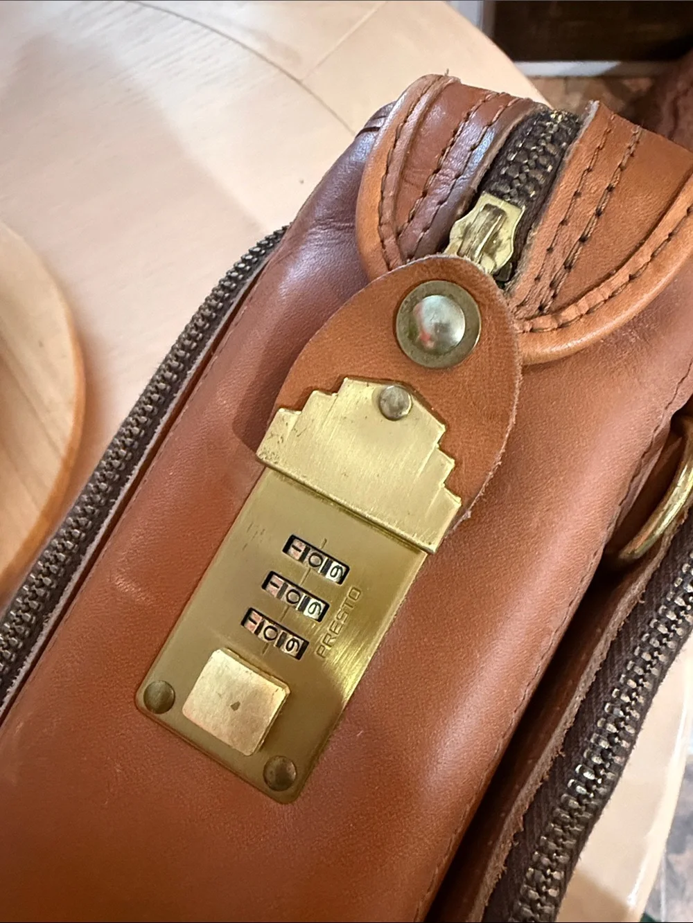 PrestoLock Co 2590 Tan Leather suitcase with Plaid Interior Combination Lock